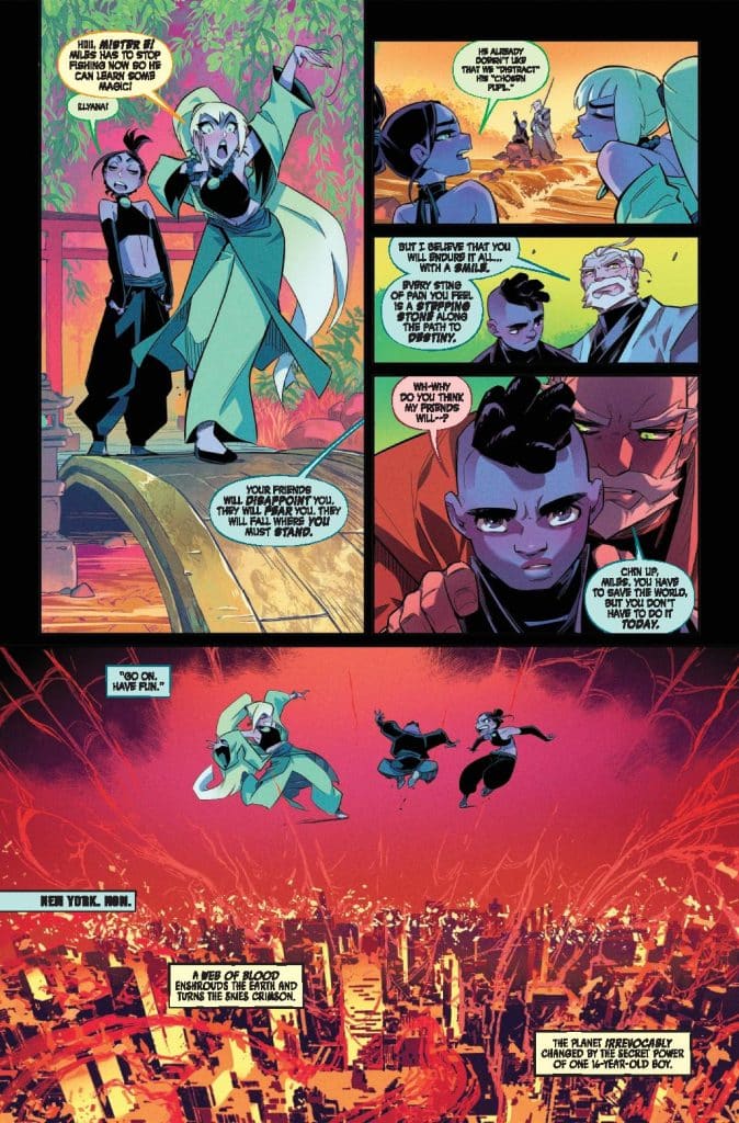 A vibrant comic page featuring characters dressed in varying outfits, engaged in a conversation about magic, destiny, and friendship. The panel includes emotional expressions and a contrasting background of a futuristic New York skyline filled with dynamic colors.