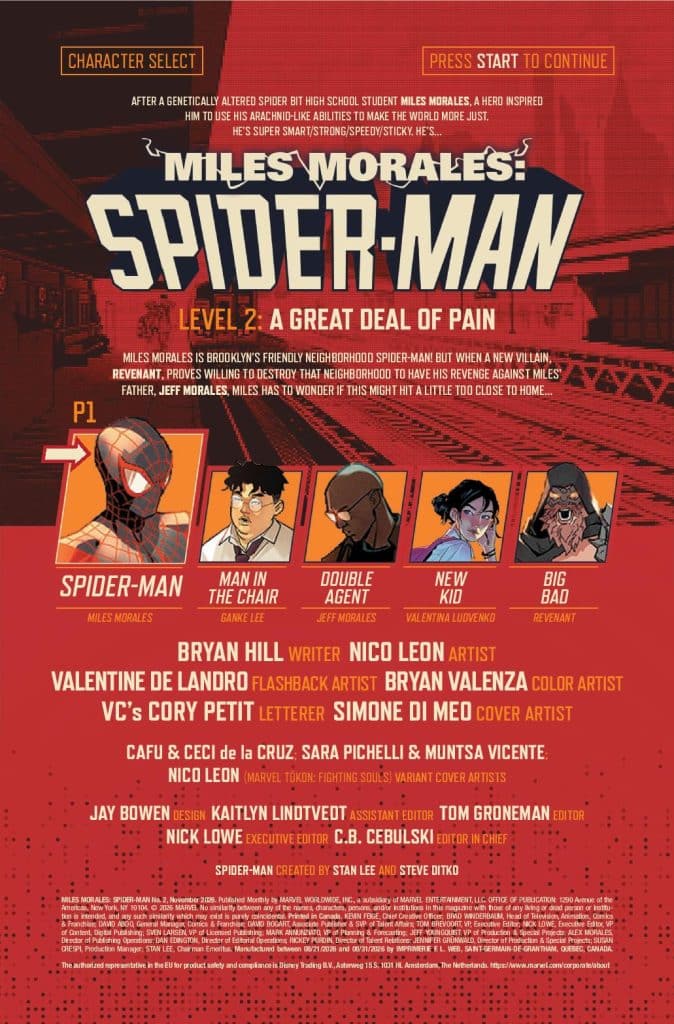 Illustration from the video game 'Miles Morales: Spider-Man' featuring a character select screen with various characters, including Miles Morales as Spider-Man, Ganke Lee, Jeff Morales, Valentina Liudvenko, and a villain named Revenant. Text includes the level title 'Level 2: A Great Deal of Pain' and credits for the writers, artists, and editors.