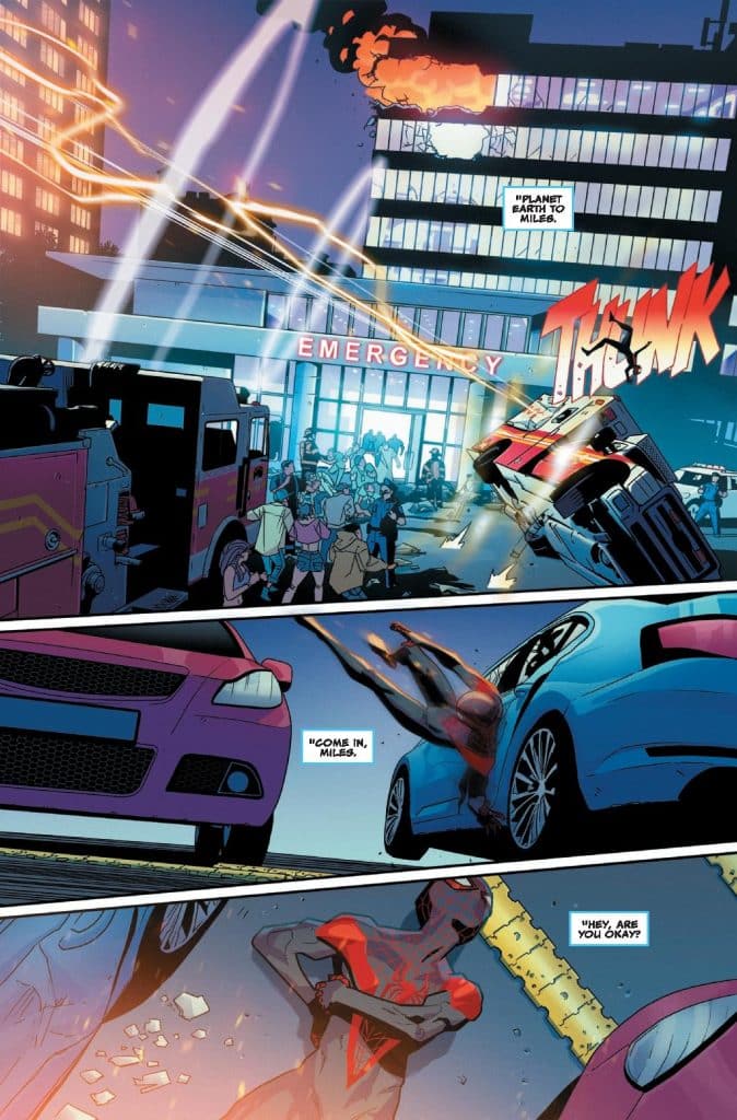 A vibrant comic book scene depicting a chaotic city emergency with a burning building, emergency vehicles, and a crowd of people. Lightning strikes in the background while a character in a red and black suit appears to be in distress.