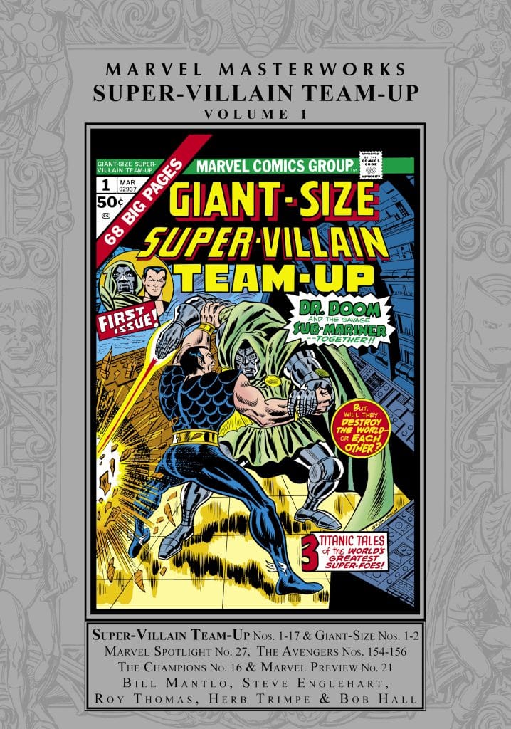 Cover of Marvel Masterworks Super-Villain Team-Up Volume 1 featuring Dr. Doom and the Sub-Mariner with bold titles and comic-style artwork.