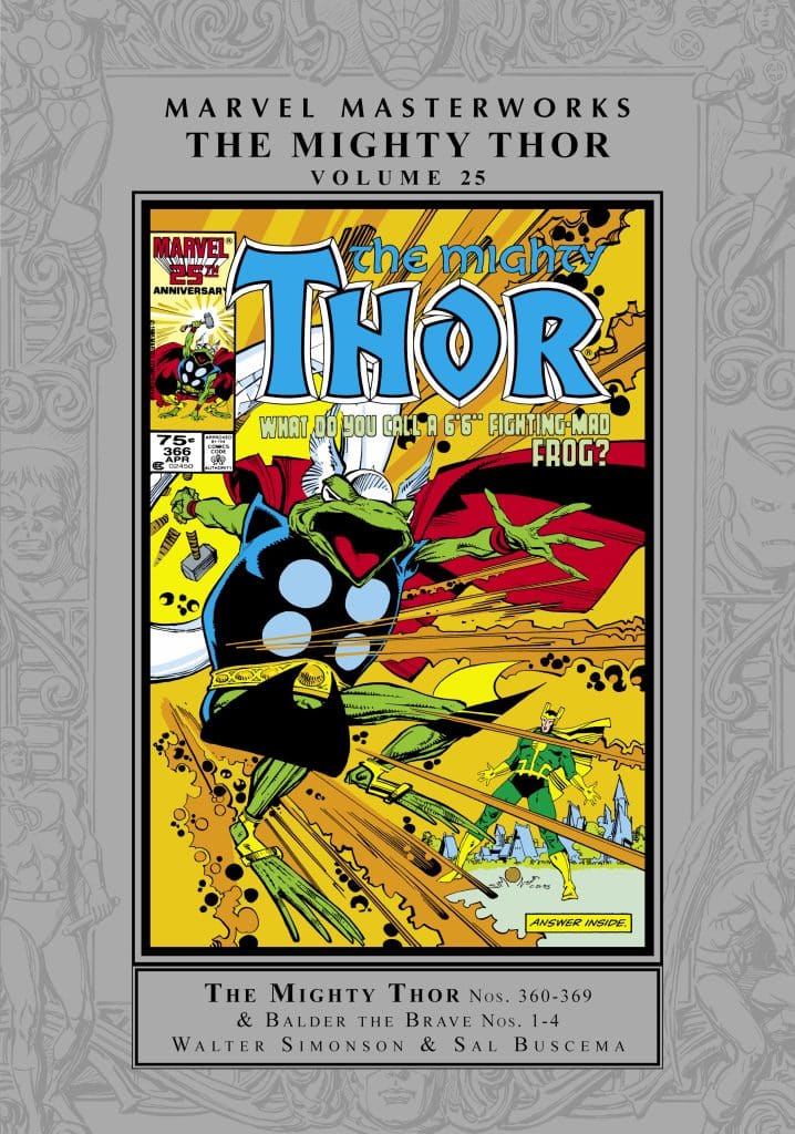 Cover of Marvel Masterworks The Mighty Thor Volume 25 featuring Thor and a frog character with vibrant colors and bold graphics.