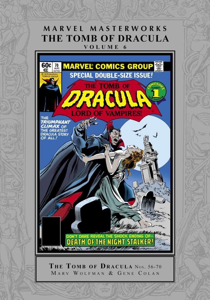 Cover of Marvel Masterworks: The Tomb of Dracula Volume 6, featuring Dracula and a dramatic scene with gravestones and characters in a gothic style.