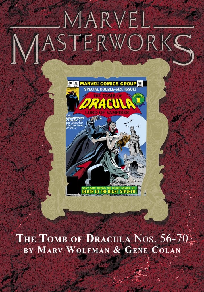 Cover of Marvel Masterworks featuring The Tomb of Dracula Nos. 56-70, showcasing Dracula and a female figure along with text highlights.