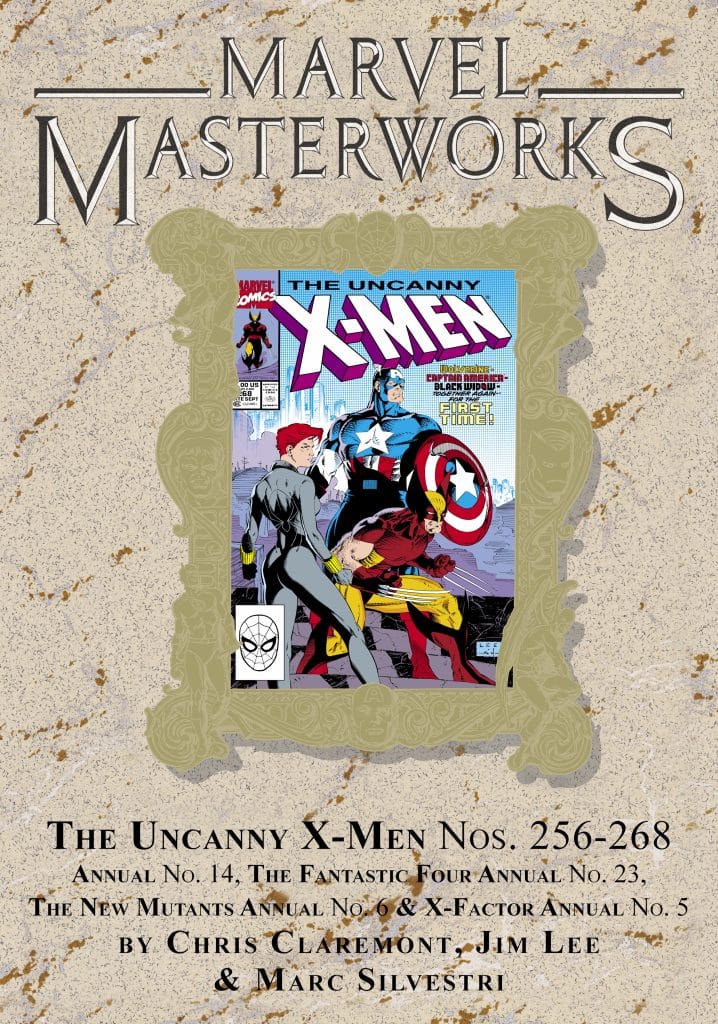 Cover of Marvel Masterworks featuring The Uncanny X-Men, showcasing characters like Captain America, Black Widow, and Wolverine. Includes details about issues and creators.