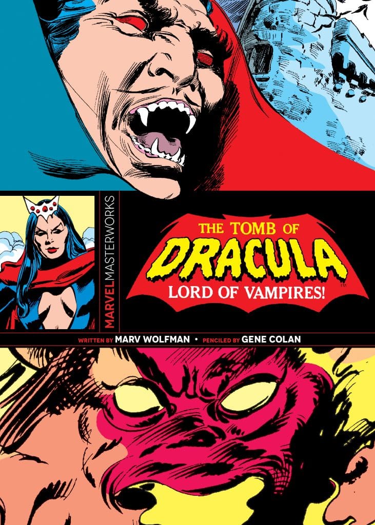 Cover of 'The Tomb of Dracula' comic featuring a vampire with fangs and red eyes, alongside a mysterious figure in a red cape and a castle in the background.