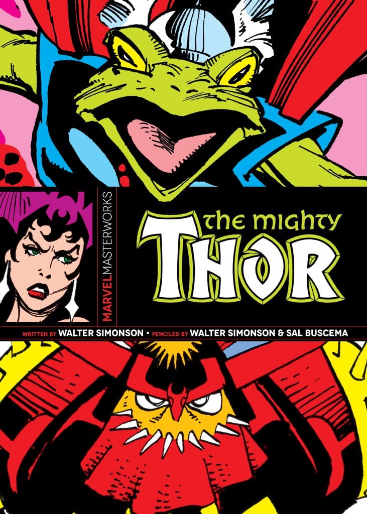 Cover art of 'The Mighty Thor' comic book featuring a stylized green frog character and a red, menacing figure, alongside a woman's face, showcasing vibrant colors and bold graphic design.