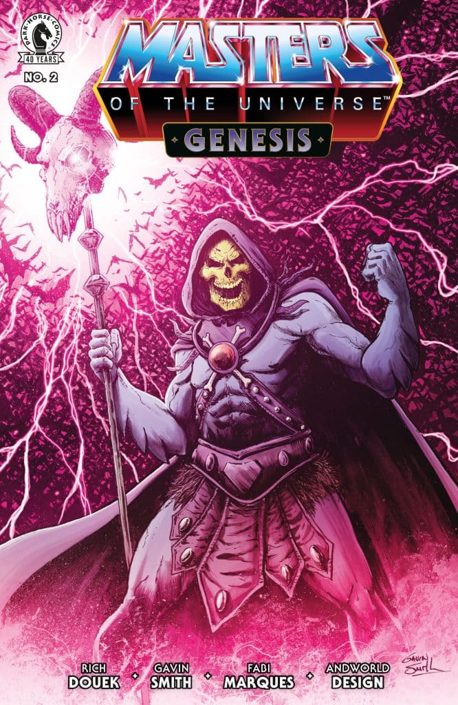 Cover of 'Masters of the Universe: Genesis' comic book, featuring the character Skeletor surrounded by swirling pink energy and lightning.