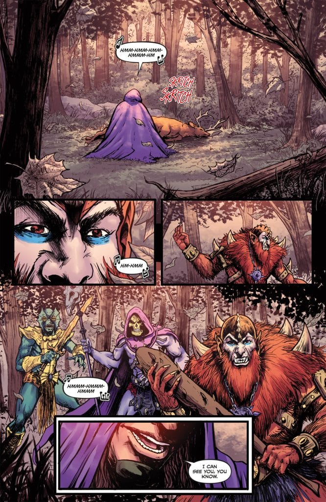A group of fantasy characters in a forest, including a cloaked figure, a skeletal character, and a beast-like warrior, with dialogue bubbles expressing intrigue and tension.