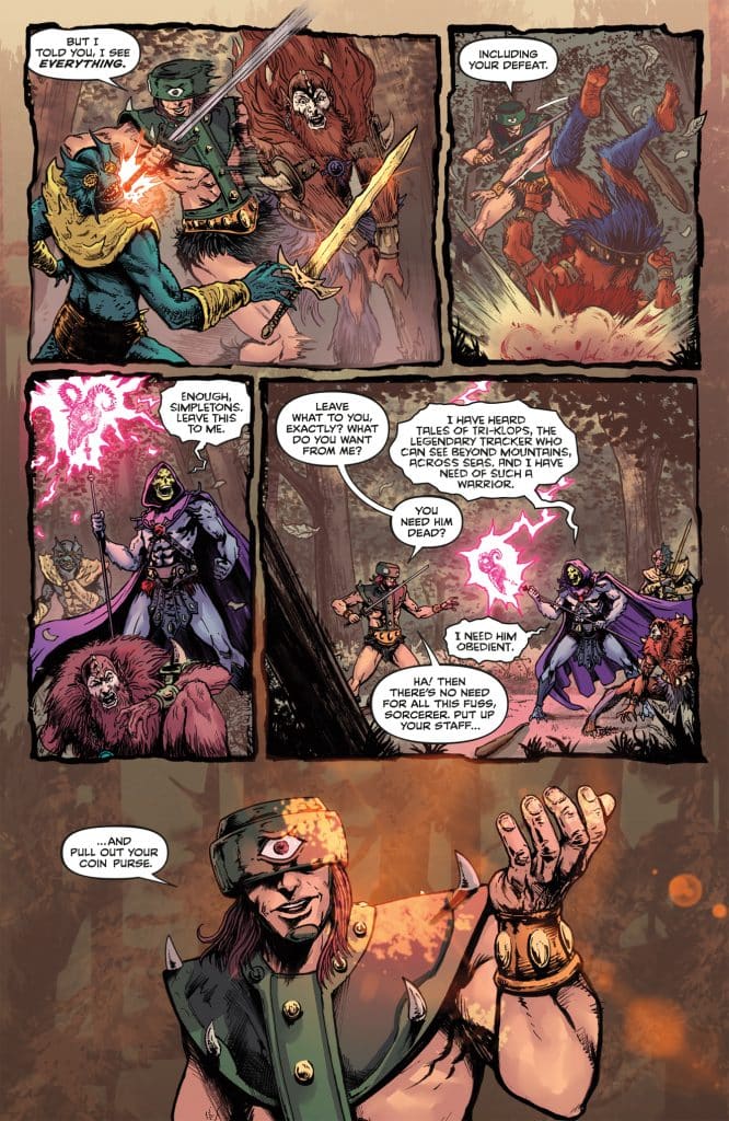 A comic panel depicting a confrontation between various characters, including a sorcerer and fighters. The sorcerer appears to be casting a spell, while other characters are engaged in a tense dialogue. The setting is a dark forest.