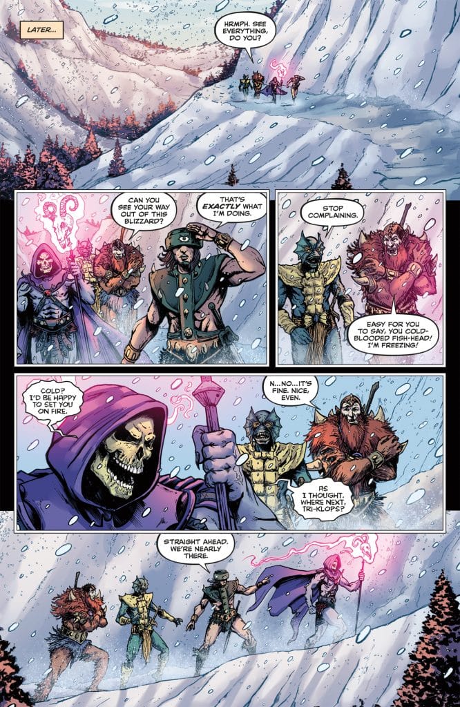A comic panel depicting a snowy landscape with mountains in the background. Four characters, including a skull-faced villain and a muscular warrior, are navigating through the blizzard. Dialogue bubbles show their conversation about finding a way out of the cold weather.