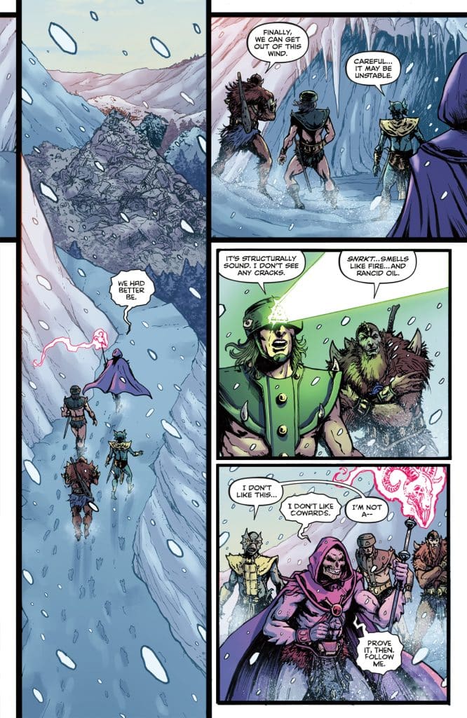 A comic panel showing a group of four characters traversing a snowy, mountainous landscape, discussing their concerns about stability and danger. One character is cloaked and commands attention, while others express hesitation. Snowflakes fall around them, indicating a cold environment.