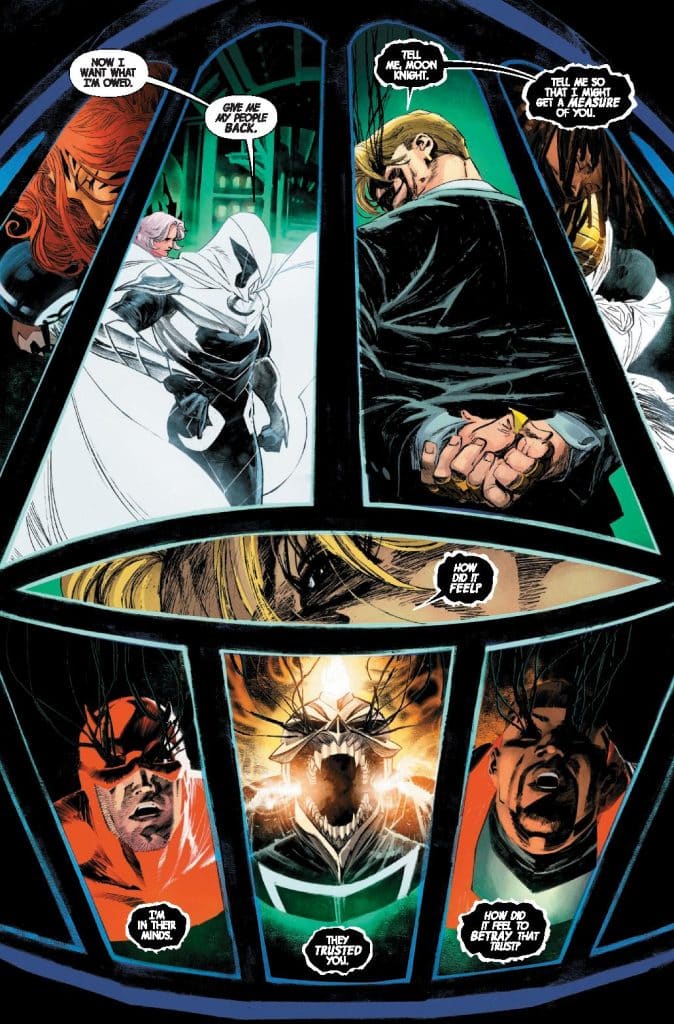 A comic book panel featuring Moon Knight confronting another character while surrounded by intense and dramatic expressions from various characters. Dialogue includes themes of trust and betrayal.