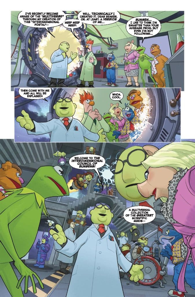 A colorful cartoon scene featuring Muppet characters in a laboratory setting. A scientist in a lab coat explains the concept of an interdimensional portal while various Muppets, including Kermit and Beaker, listen with curiosity. The background shows scientific equipment and a glowing portal.
