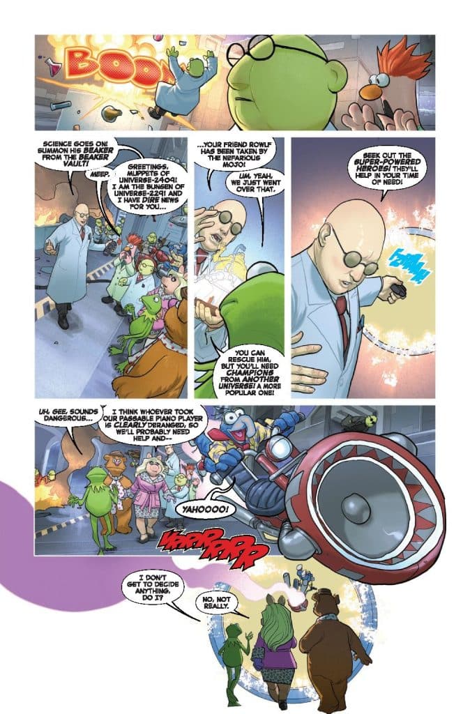 A colorful comic panel featuring various Muppet characters, including Kermit the Frog and Beaker, discussing a crisis involving a character named Rowlf. The scene is lively, with Beaker expressing excitement and the group strategizing about a superhero to help them. The background depicts a laboratory setting with humorous sound effects.