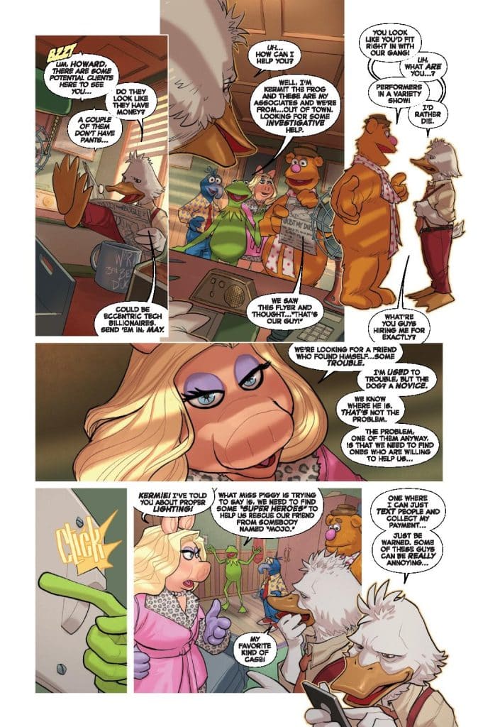 A comic panel featuring Muppet characters, including Kermit the Frog and Miss Piggy, discussing a potential investigation while surrounded by various anthropomorphic animals.