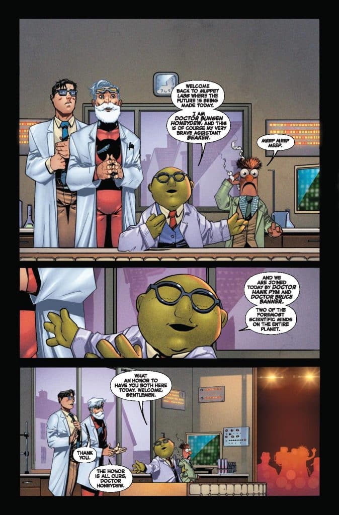 A comic-style scene featuring several characters in a lab setting, including Doctor Honeydew, Beaker, and two scientists, one wearing glasses and a lab coat. They are discussing a scientific endeavor with excitement and humor.