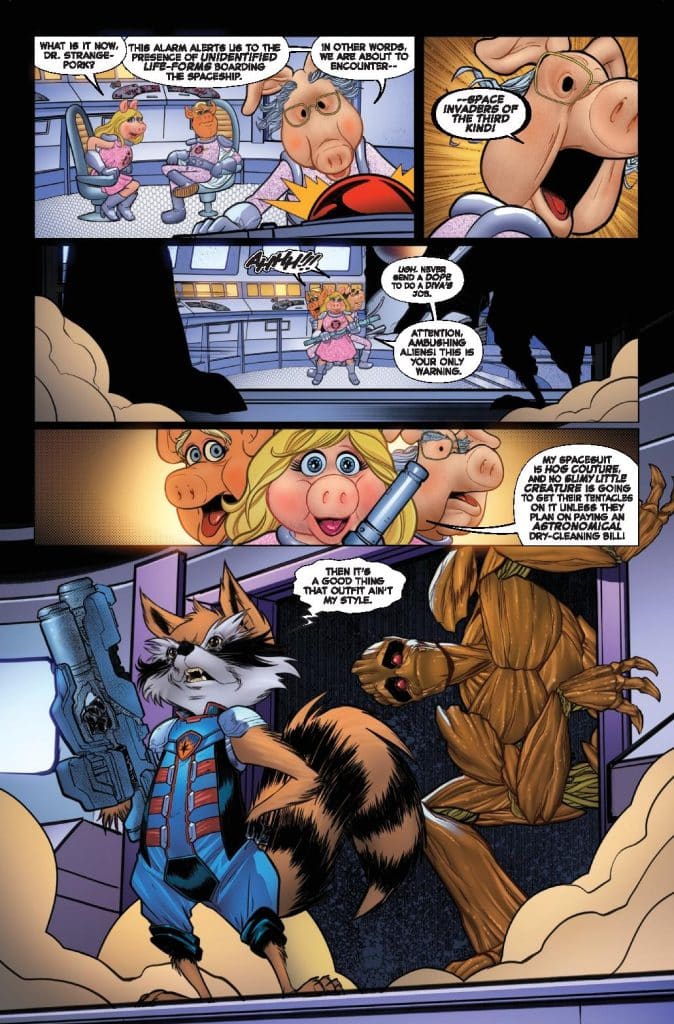 A comic panel featuring anthropomorphic characters including a raccoon with a gun, a pig in a space suit, and other alien-like beings discussing a spaceship alarm and potential alien encounters.