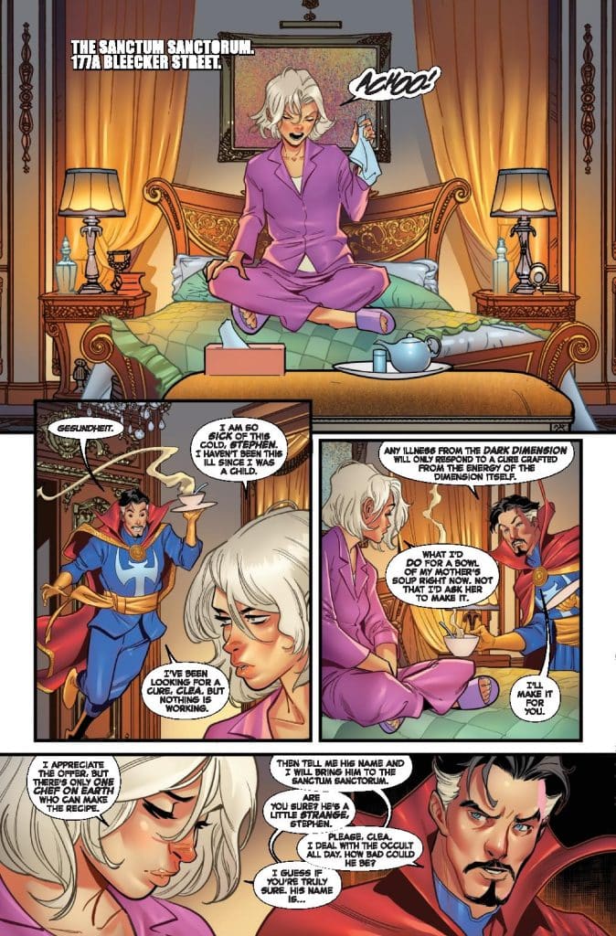 A comic book scene set in the Sanctum Sanctorum, featuring two characters: a woman in pajamas sneezing and a man in a mystical outfit discussing a cold remedy. The room is cozy with a lamp, bed, and tea set present.