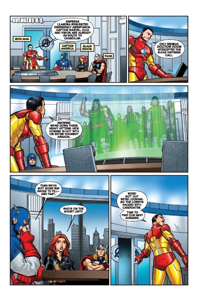 An illustrated comic panel depicting Avengers gathered in their headquarters. Iron Man addresses the team, which includes Captain America, Black Widow, and Thor, about an emergency involving Doctor Doom. Dialogue balloons convey their discussion about recruiting new members to replace missing heroes.