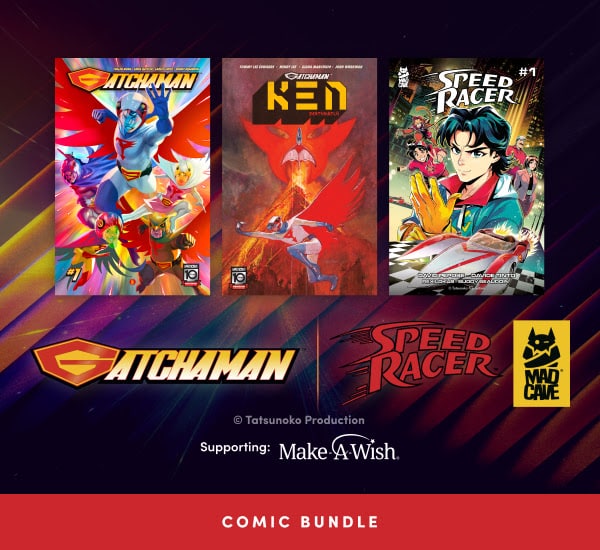 Graphic showcasing three comic book covers: 'Gatchaman,' 'Ken,' and 'Speed Racer,' along with logos for each series and a note supporting Make-A-Wish Foundation.