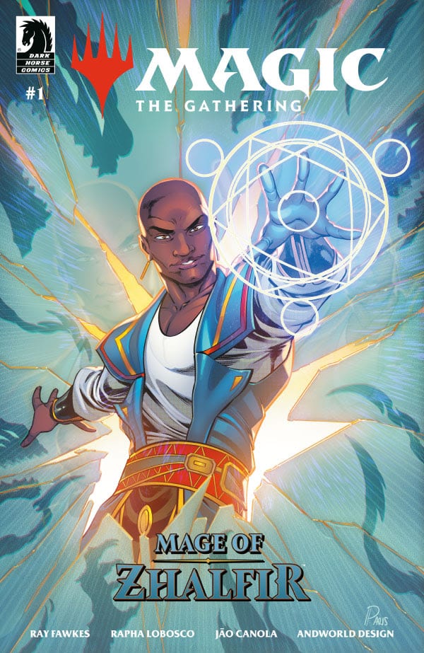Cover of 'Magic: The Gathering - Mage of Zhalfir' comic featuring a male character casting a spell with an illuminated magical circle in the background.