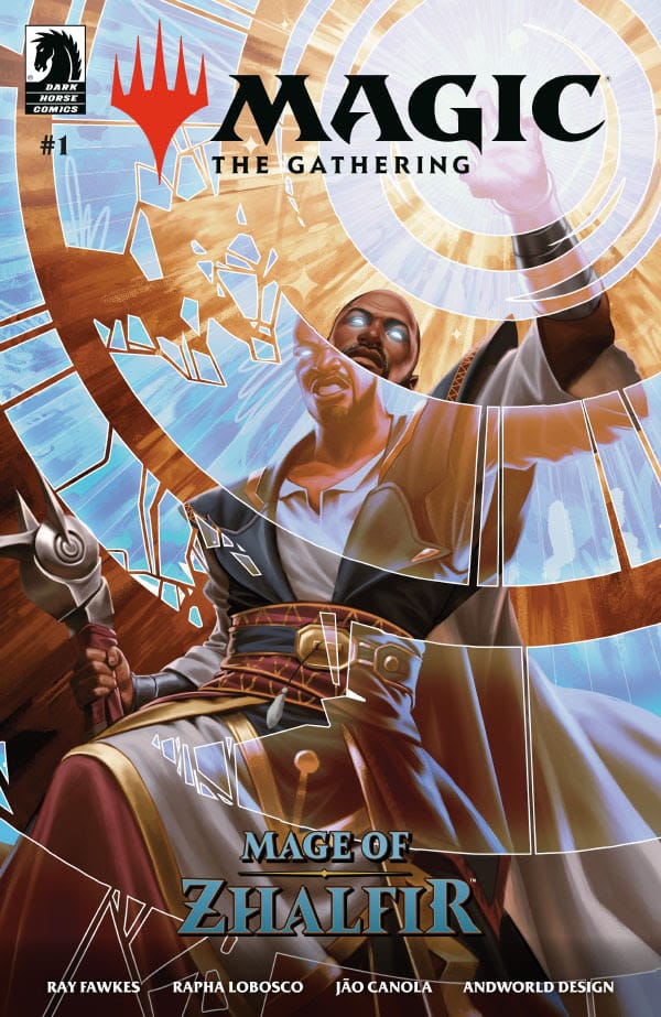 Cover art for the comic 'Magic: The Gathering - Mage of Zhalfir' featuring a mage casting a spell with vibrant stained glass elements in the background.