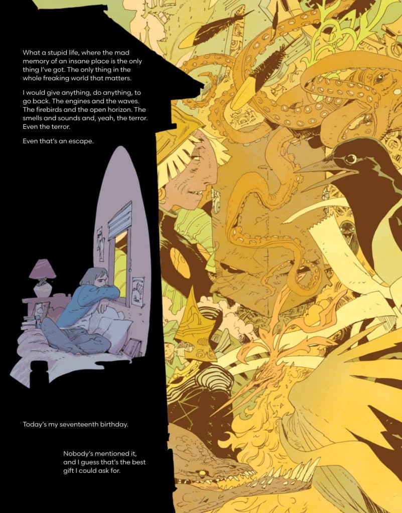An illustrated page featuring a split design: on the left, a character sits on a bed, reflecting solemnly while looking out a window, and on the right, a vibrant, chaotic scene filled with surreal imagery, including creatures and abstract patterns, representing thoughts of escape and introspection.