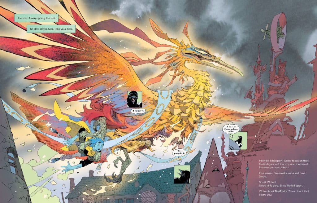A colorful phoenix with vibrant feathers soars over a whimsical landscape, featuring unusual architecture and characters engaged in conversation. Speech bubbles indicate dialogue about taking time and reflecting on past events.