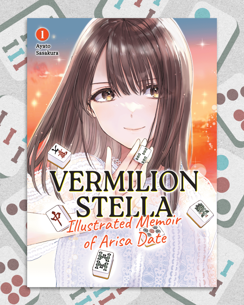Cover of 'Vermilion Stella: Illustrated Memoir of Arisa Date' by Ayato Sasakura, featuring a young woman with long hair, smiling and holding mahjong tiles in her hand.