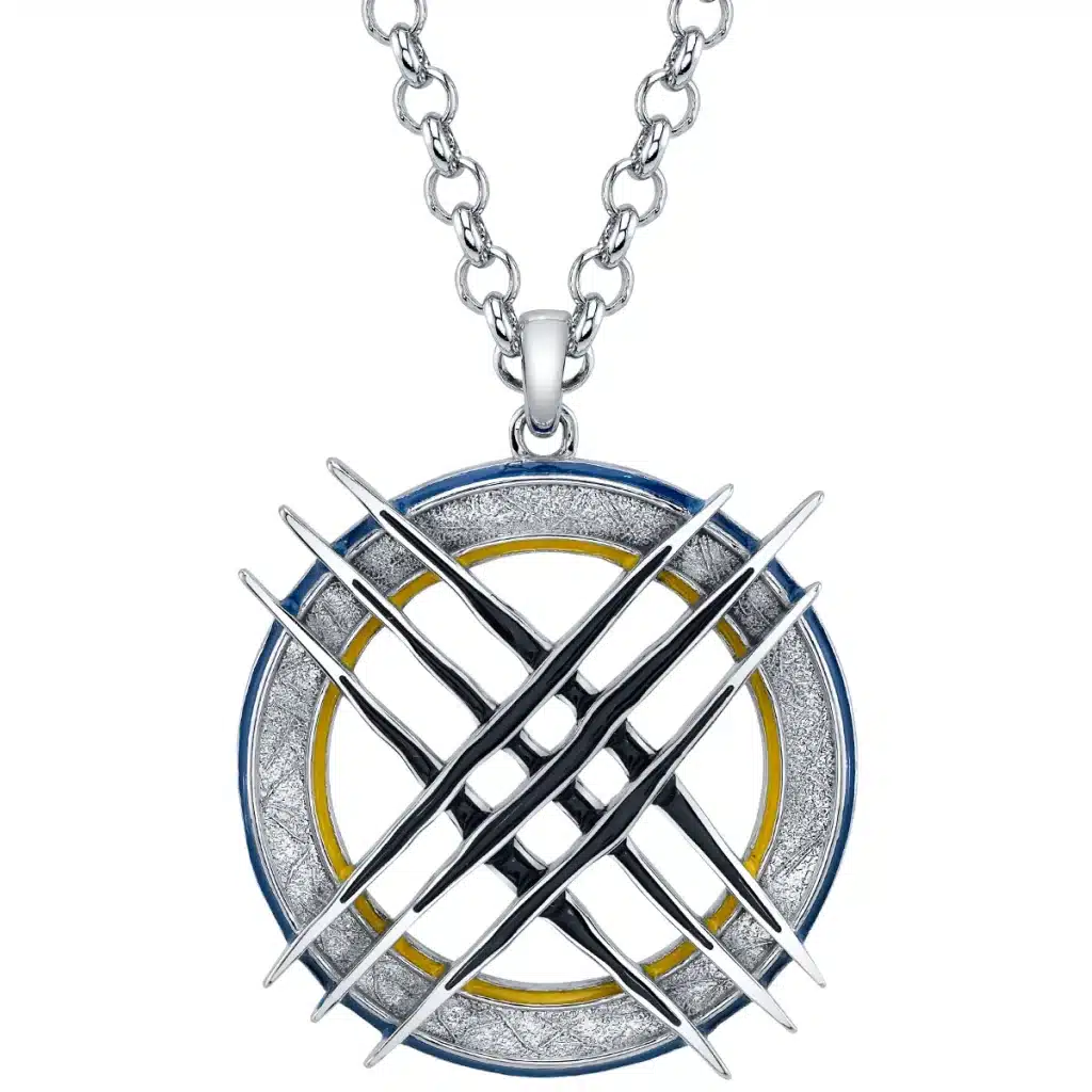 Silver pendant with intersecting metal bands and a circular design, featuring a yellow inner ring.