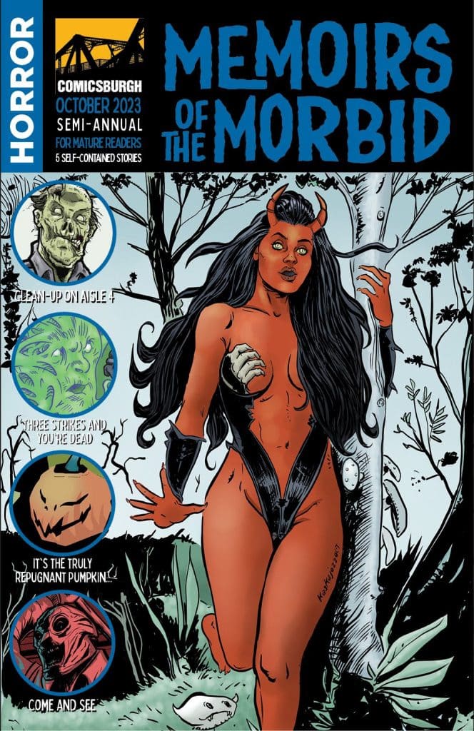 Cover of 'Memoirs of the Morbid' featuring a horror-themed comic book illustration of a woman in a black outfit with long hair, surrounded by eerie foliage and creatures. The title and issue details are prominently displayed at the top.