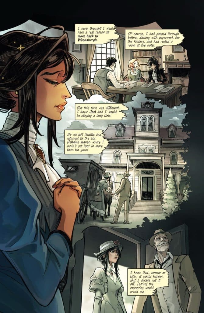 A woman in period clothing appears contemplative in the foreground, while in the background, scenes depict characters discussing paperwork in a room, returning to a mansion, and a carriage approaching the building.