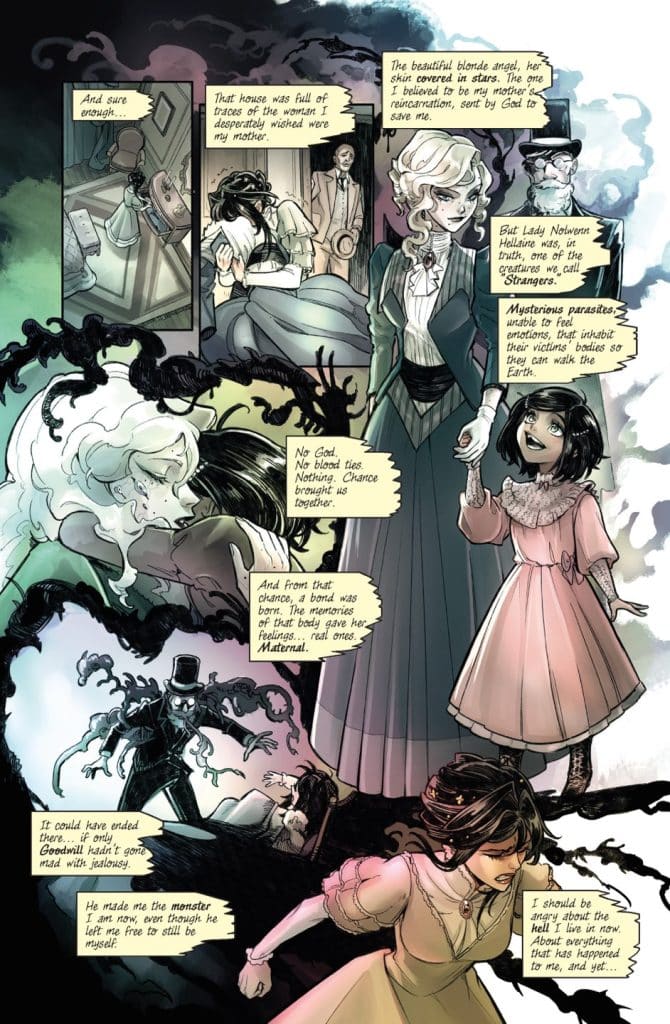 A comic page featuring a haunting narrative with various characters: a beautiful blonde woman with starry skin, a young girl in a pink dress, and shadowy figures, depicting themes of memory, identity, and the supernatural.