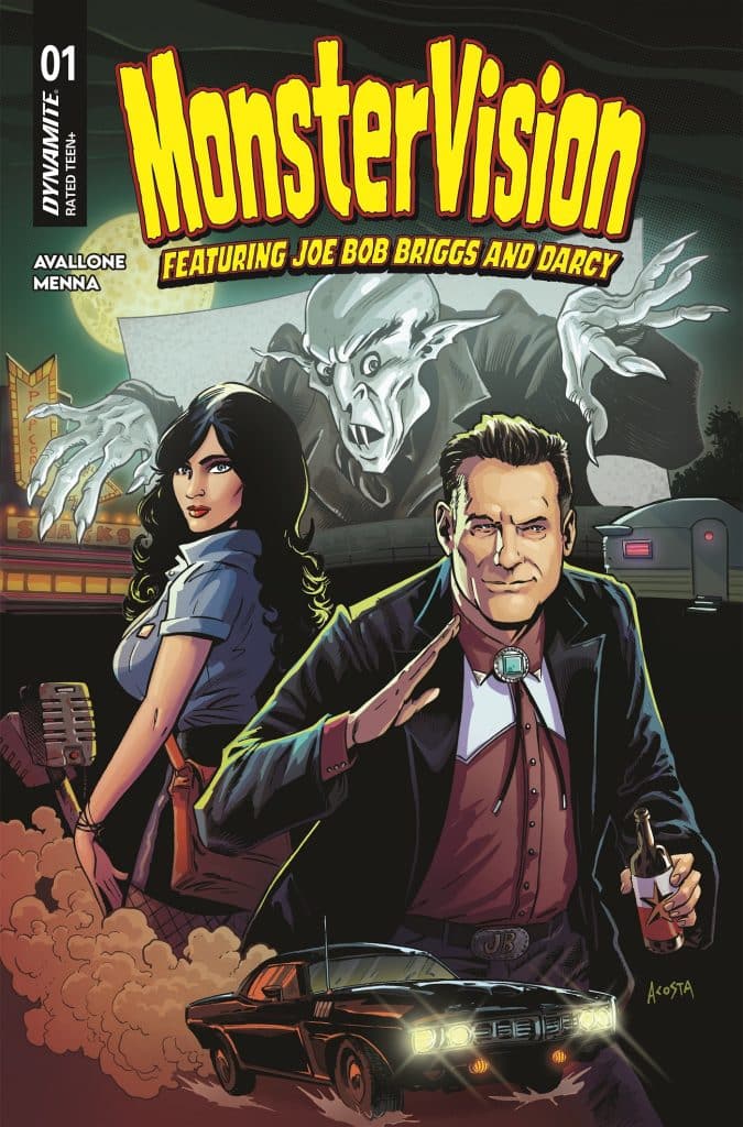 Comic book cover for 'MonsterVision' featuring Joe Bob Briggs and Darcy, with a spooky ghost figure in the background and a classic black car in the foreground.