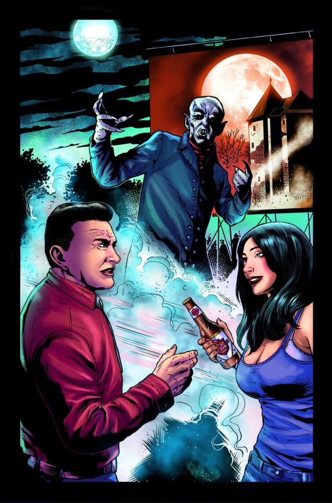 A comic book scene featuring two characters in conversation, one holding a beer, with a spooky figure in the background and a full moon illuminating the night sky.