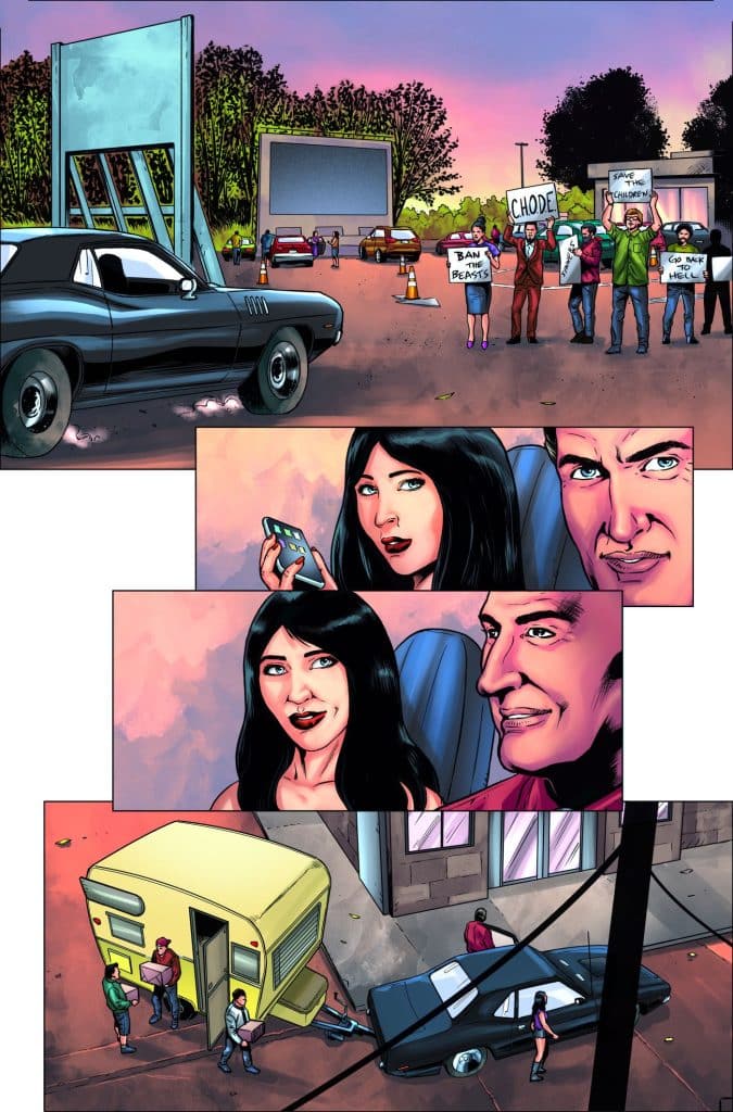 A black vintage muscle car parked near a movie theater with a protest happening outside, featuring signs that say 'Ban the Beasts' and 'Chode'.