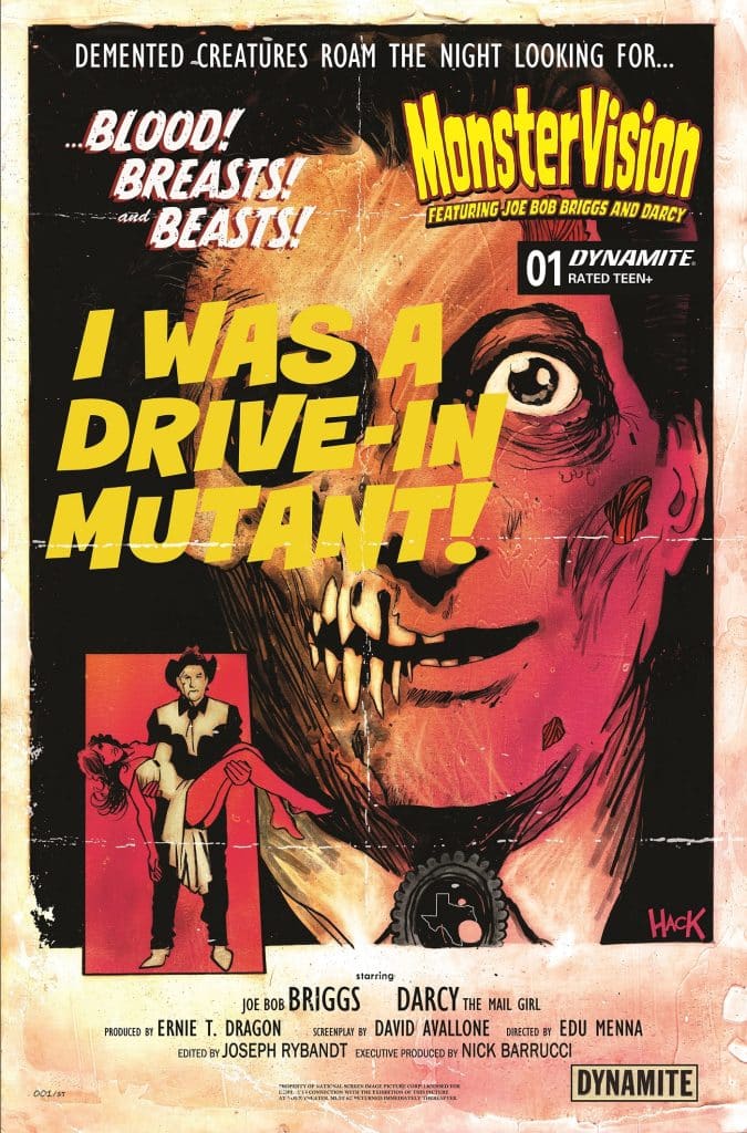 Vintage horror movie poster for 'I Was a Drive-In Mutant!' featuring eye-catching text and illustrations of monstrous characters. The design includes references to blood, breasts, and beasts, promoting a campy horror theme.