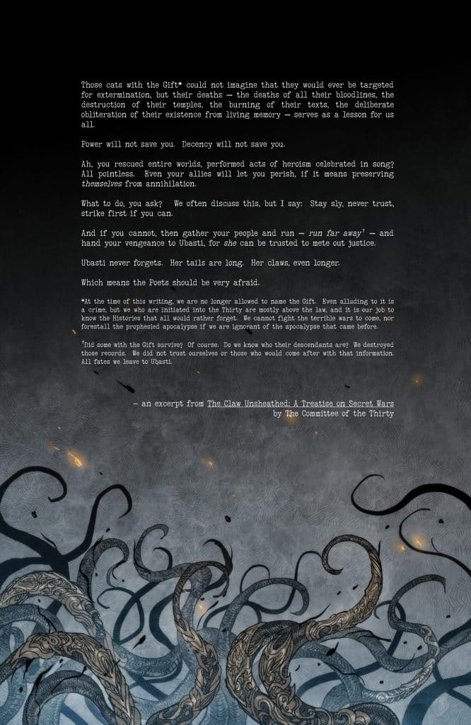 An excerpt from 'The Claw Unsheathed: A Treatise on Secret Wars' by The Committee of the Thirty, featuring dark and swirling tentacle-like forms against a textured background, combined with ominous text discussing power, betrayal, and vengeance.