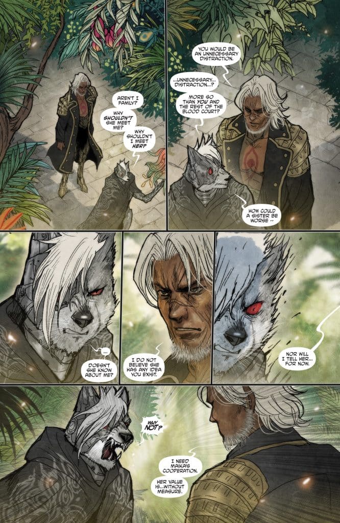 A comic book page featuring two anthropomorphic characters engaged in a serious conversation amidst a lush, green tropical background. One character has long white hair and a gold-accented black outfit, while the other is a wolf-like figure with gray fur and a dark cloak. The dialogue discusses family and the need for cooperation.