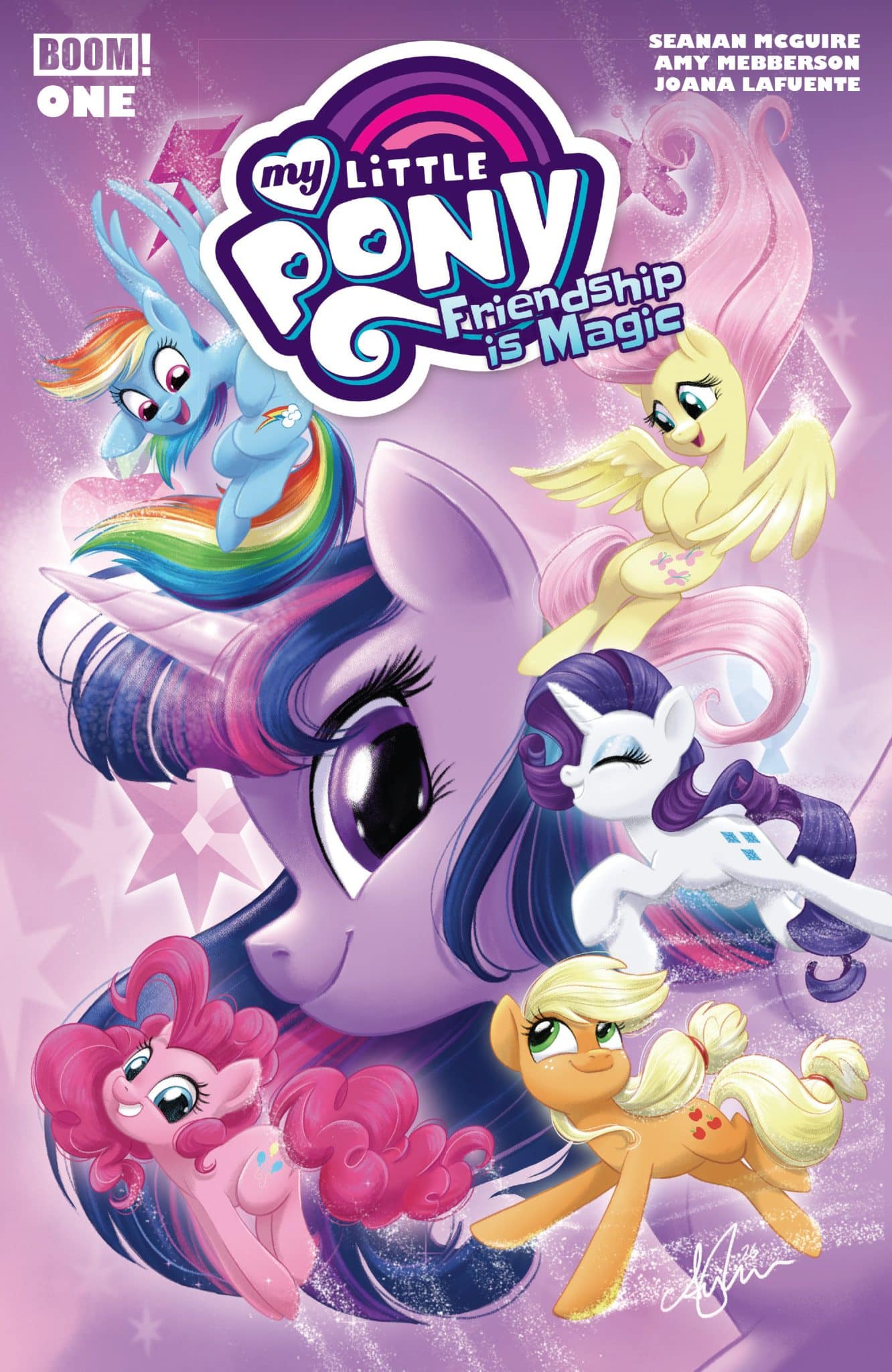 Cover art for 'My Little Pony: Friendship is Magic' comic featuring several colorful ponies, including Twilight Sparkle, Rainbow Dash, Fluttershy, Rarity, Pinkie Pie, and Applejack on a purple background.