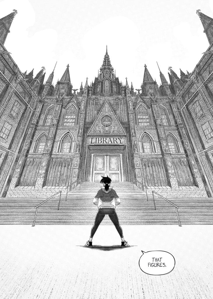 A person stands at the base of a grand library building with intricate architecture, staring at its large entrance. A speech bubble says, 'THAT FIGURES.'