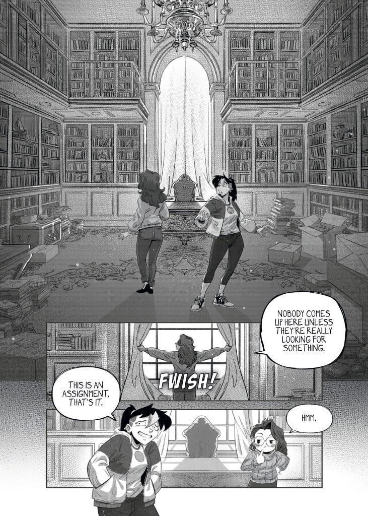 Two characters standing in a large, dimly lit library filled with books, discussing an assignment. A third character is visible in the background, behind a curtain.