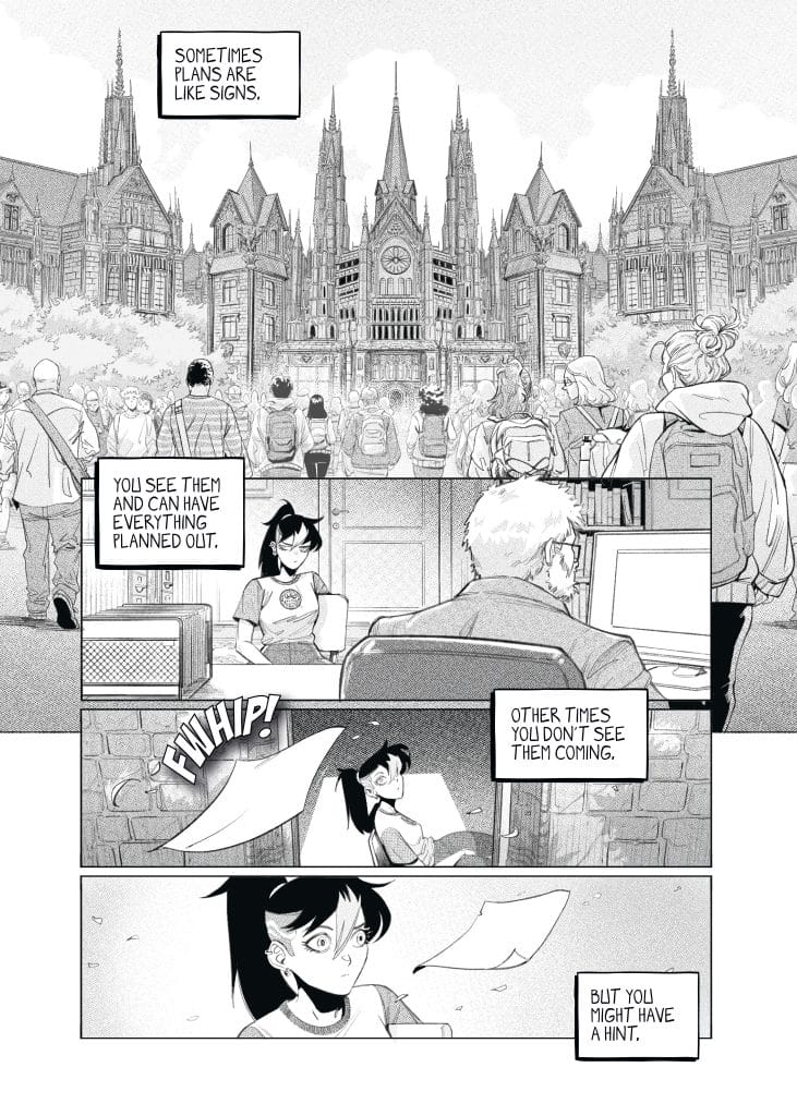 A black-and-white comic panel depicting a large, ornate building in the background with a group of people walking towards it. In the foreground, a character with dark hair and a t-shirt is sitting at a desk, surprised by a paper flying past her. The panels include text discussing the unpredictability of plans.
