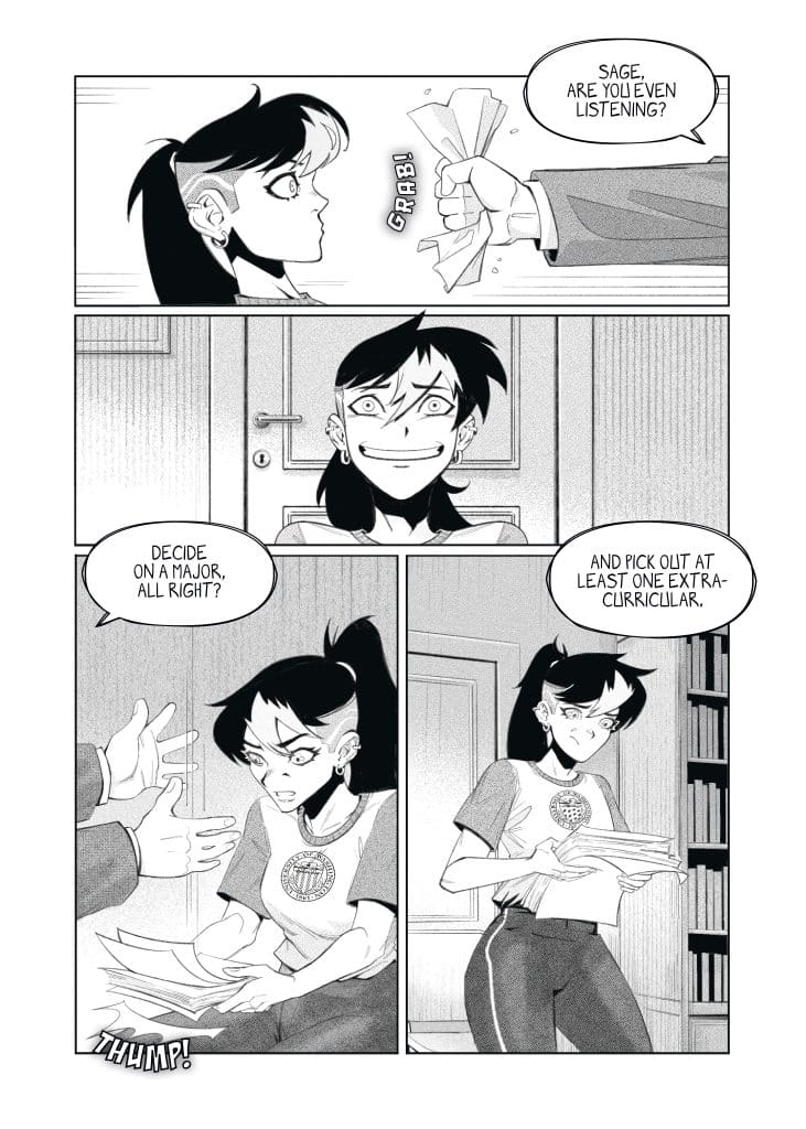 A comic panel featuring a character named Sage who looks surprised as another character hands her a stack of papers. The dialogue indicates that they are discussing choosing a major and extracurricular activities.
