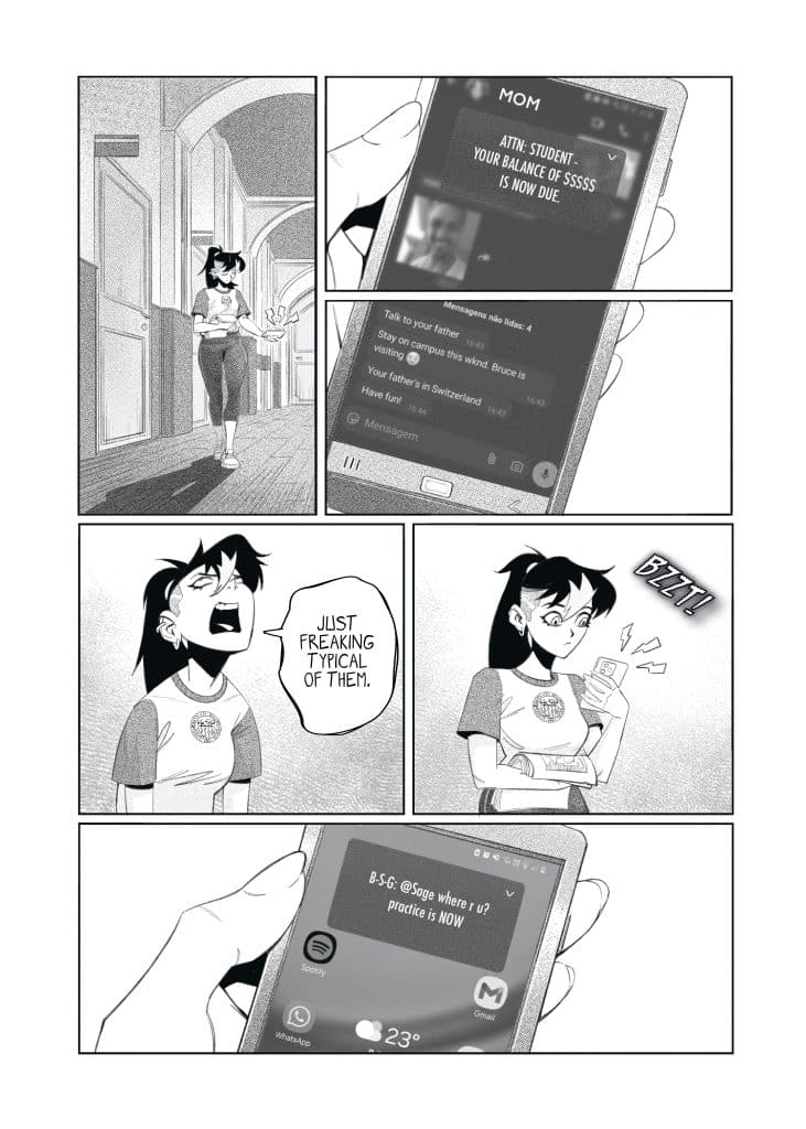 A monochrome comic strip showing a girl walking down a hall while checking her phone. The first panel displays a message from her mom about a due balance. The second panel shows a frustrated expression as she thinks it's typical for them. The last panel shows a notification from a contact about practice. The girl's demeanor changes from frustration to surprise.