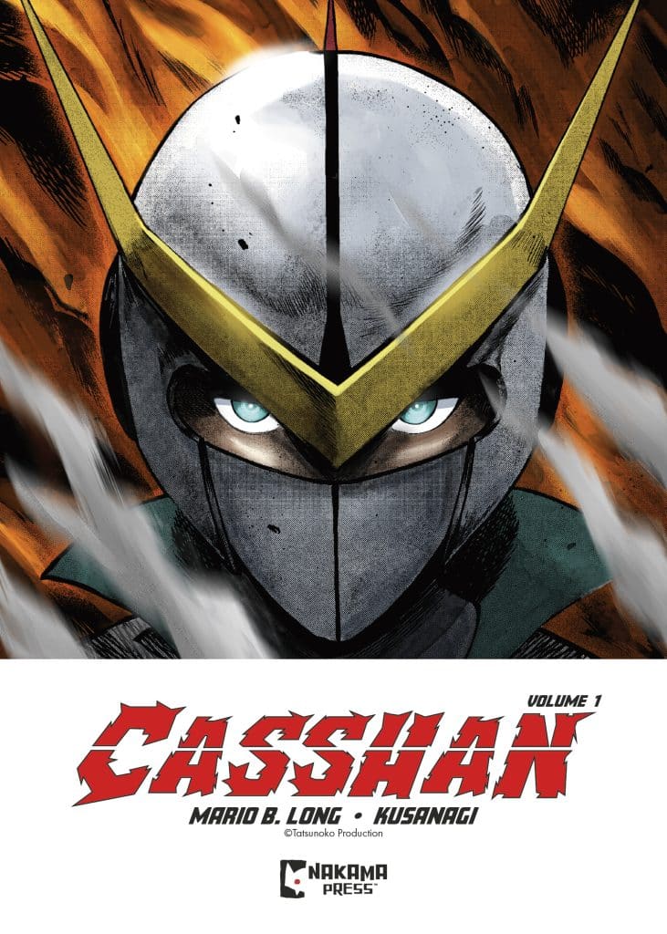 Cover of the comic book 'Casshan Volume 1' featuring a character in a metallic helmet with golden accents and intense gaze, surrounded by fiery background elements.