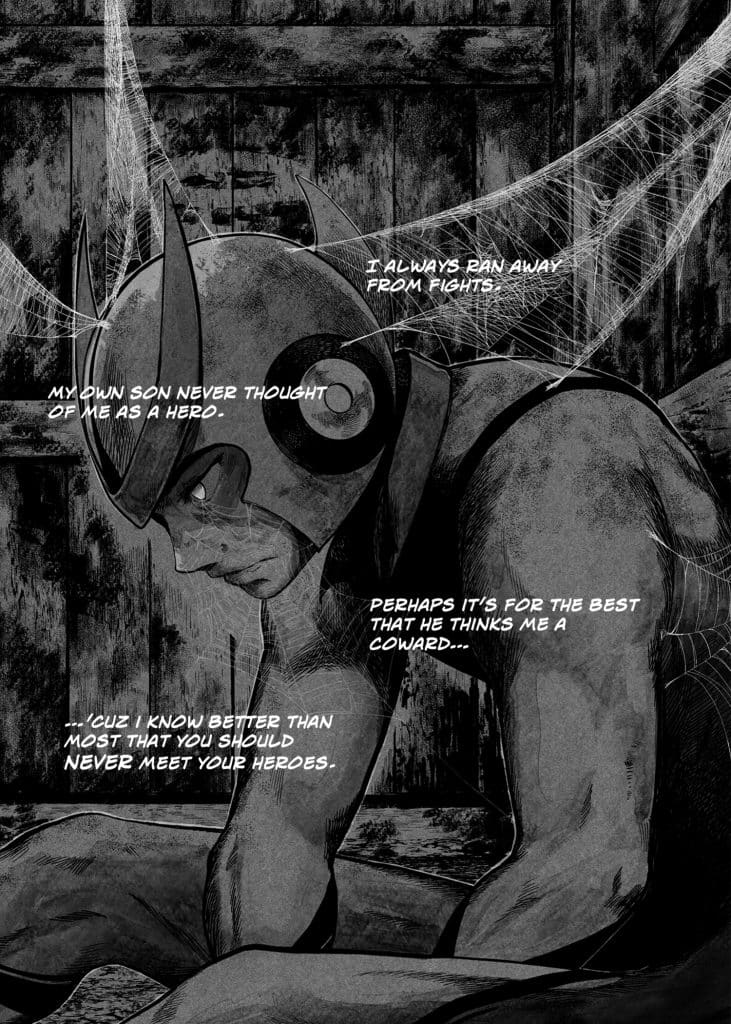 A somber character with a helmet sits against a wooden wall, surrounded by cobwebs, reflecting on feeling like a coward and his son's perception of him as a hero.