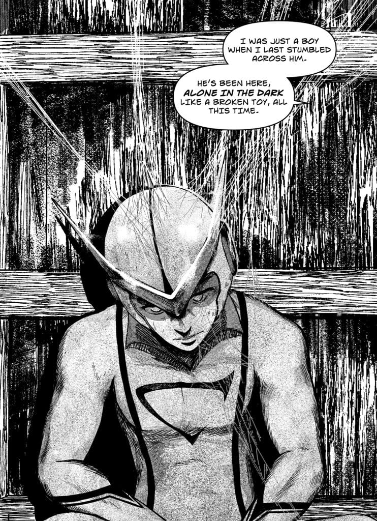 A monochrome illustration of a young boy wearing a helmet and a suit, sitting in a dark, wooden environment, appearing contemplative and lonely. Text bubbles convey his thoughts about another character being alone in the dark like a broken toy.
