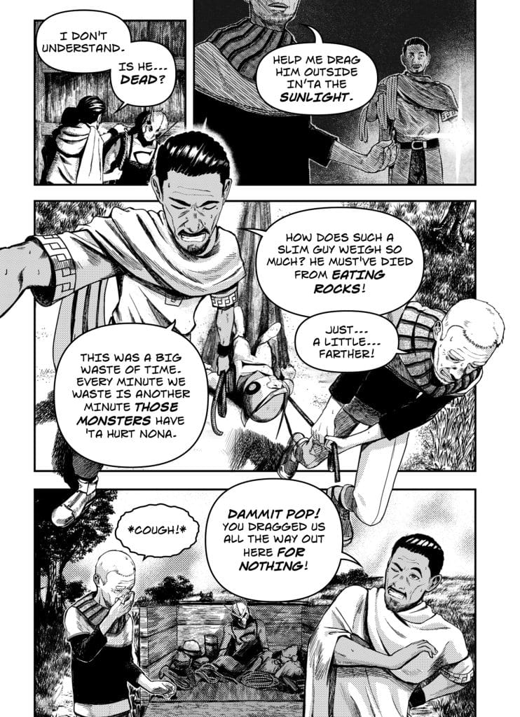 A comic panel depicting a group of characters in a tense situation, discussing the unconscious state of one person. Characters express frustration and urgency while dragging a seemingly unconscious figure outdoors, highlighting themes of danger and concern.
