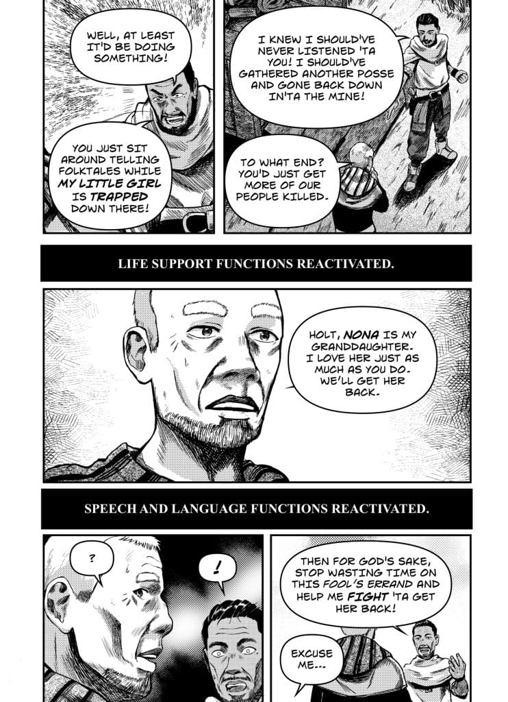 A black and white comic-style illustration featuring multiple characters engaged in a tense conversation about rescuing a trapped girl. One character expresses frustration about not taking action sooner, while another insists it would lead to more danger. The dialogue box indicates a reactivation of life support and speech functions.